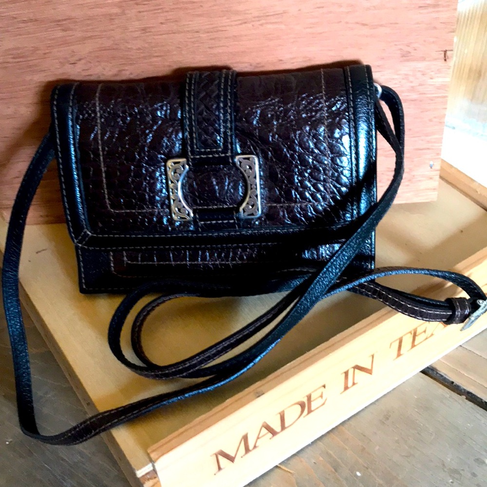 Brighton dark brown tooled leather mini shoulder bag
